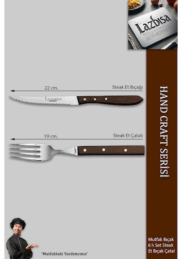 Lazbisa Mtf-060 Hand Craft Serisi Steak Et Bıçağı Çatalı 6 Lı Set Mutfak Bıçak Seti Kahverengi