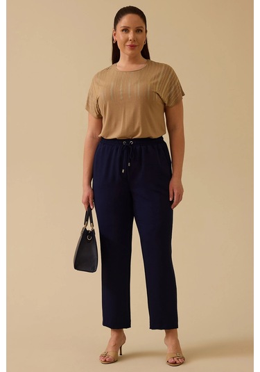 Galaxi Kadın Büyük Beden Bağcıklı Bol Paça Pantolon 4018 Lacivert Lacivert