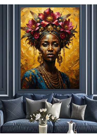 Ahşap Tablo Çiçek Taçlı Afrikalı Kadın