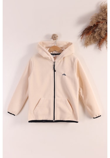 Monox Lastik Manşetli Fermuarlı Kapüşonlu Çocuk Unisex Polar Ceket Bej