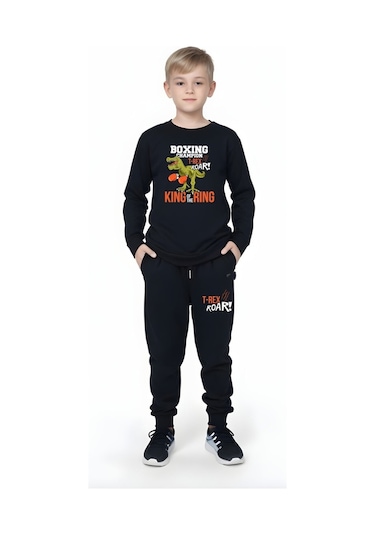 Fyk Kids Erkek Çocuk T-rex Roar Yuvarlak Yaka Alt-üst Pijama Takımı Siyah