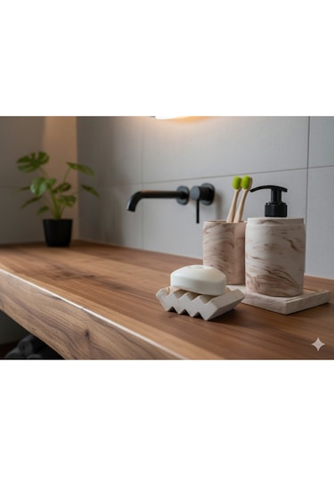 3'lü Bej Mermer Desen Banyo Seti ,sıvı Sabunluk Diş Fırçalığı Beton Aksesuar Takımı Bej