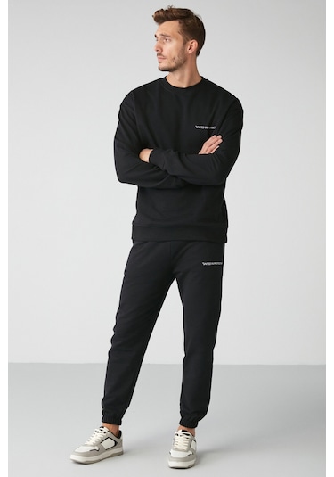 Marshall  Erkek Pamuklu Içi Polarlı Nakışlı Relaxed Siyah Eşofman Takımı