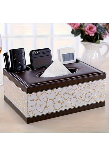 Tongdashop Beyaz Altın Kumanda Ve Akıllı Telefon Organizörlü Şık Siyah Suni Deri Mendil Kutusu Beyaz Altın