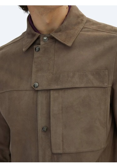 Vizon Gömlek Yaka Smart Casual Deri Mont Vizon