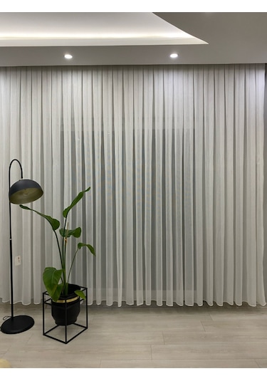 4001 Ağır Gramajlı Modern Ekru Tül Perde 1/3 Sık Pileli Ekru