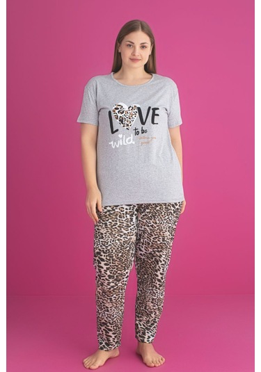 X-dreamy Büyük Beden Pamuklu Leopar Desenli Kısa Kollu Pijama Takımı Leopar