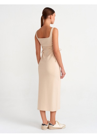 Dilvin Pencere Detaylı Uzun Elbise Bej Melanj