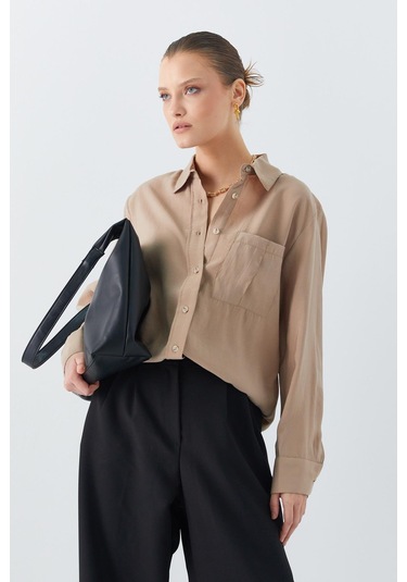 4628 Kadın Cep Detaylı Modal Gömlek Toprak Toprak