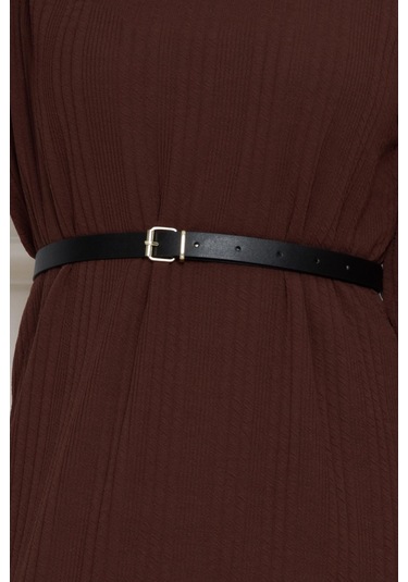 Balıkçı Yaka Kemerli Elbise-kahverengi-4554 Kahverengi