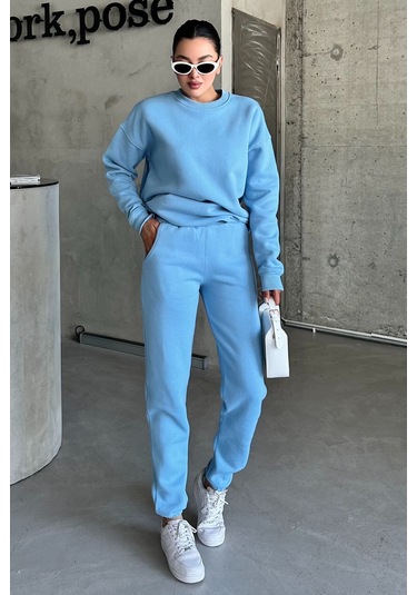 Modagen Unisex Bebe Mavi Bisiklet Yaka Düz Oversize Alt-üst Eşofman Takımı Bebe Mavi