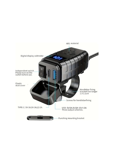 Xuweiwei Motorsiklet Gidon Telefon Sarj Cihazi Pd30 Qc30 Hizli Sarj Volt Metreli Saeden Usb Adaptor 12v36v Bisikletler Yesil Isik