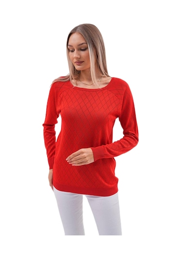 Kadın Baklava Dilimi Desenli Kazak 12781 Bgl-st04110 Kırmızı