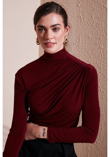 Lela Streç Büzgü Detaylı Slim Fit Dik Yaka Bayan Bluz 669925 Bordo