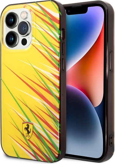 İphone Uyumlu 14 Pro Max Kılıf Ferrari Lisanslı Baskı Logolu Çimen Desenli Kapak Sarı