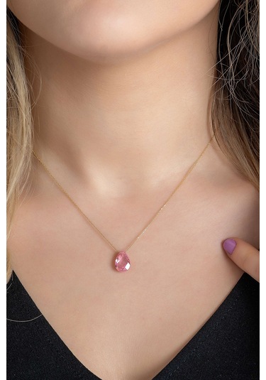 Moom Mücevherat Kadın Damla Taşlı Pembe Renkli Kolye 14 Ayar Altı