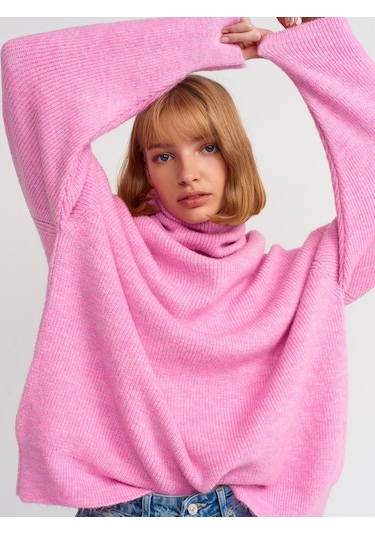 Dilvin Balıkçı Yaka Geniş Kazak Pembe