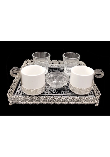 Kare Tepsili İki Kişilik Gelin-Damat Gümüş Kahve Fincan Takımı