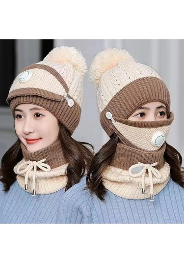 Novahub Üçü Bir Arada Kış Kadın Tek Parça Şapka Artı Kadife Sıcak Pamuk Maske Şapka Yün Kap Baotou Önlük Bej Bej