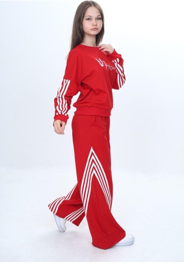 Kız Çocuk %100 Pamuk Şeritli Oversize 2 İplik Alt&üst Eşofman Takımı-305-eşt-0009 Kırmızı Kız Çocuk %100 Pamuk Şeritli Oversize 2 İplik Alt&üst Eşofman Takımı-305-eşt-0009 Kırmızı