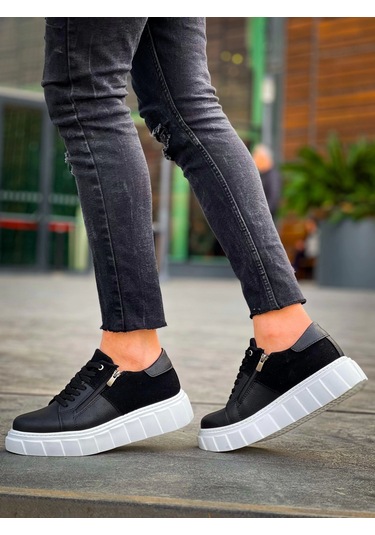 Kb-x155 Kuback Siyah Cilt Siyah Süet Detaylı Beyaz Yüksek Taban Günlük Spor Ayakkabı Siyah2 Siyah