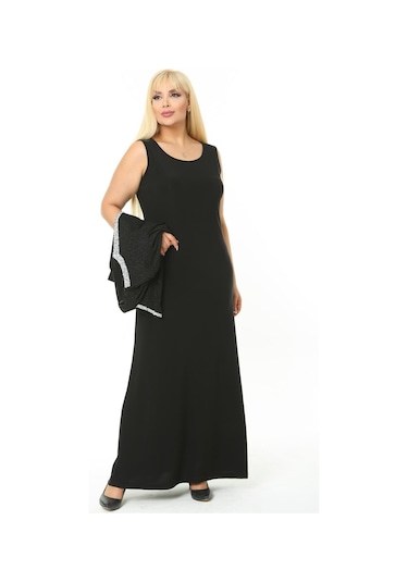 Büyük Beden 3729 Siyah Gümüş Abiye Ceket+Elbise Takım 001