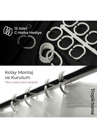 Funda Desenli Banyo Perdesi Çift Kanat 120x200 CM Duş Perdesi Siyah - Beyaz