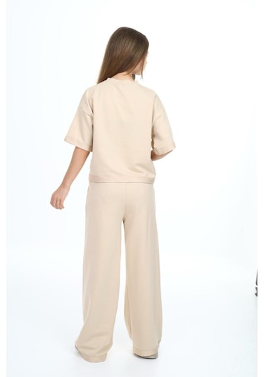 Kız Çocuk %100 Pamuk Oversize Yarım Kol Alt-üst Eşofman Takım-eşt-0012 Bej