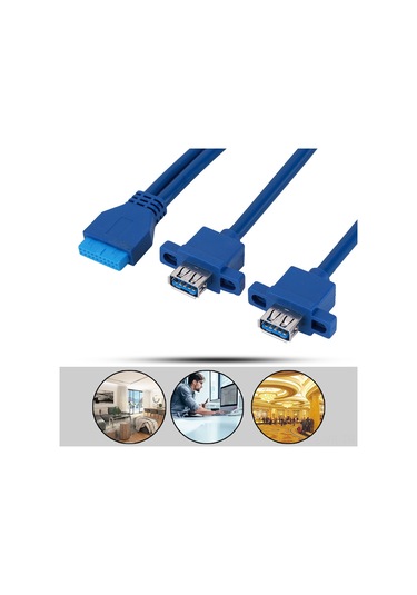 Vkemall Mavi Usb3.0 19pin'den 2af'a Veri Kablosu 0.8m, Vitesli Delikli, 5gbps Hızlı Aktarım, Esnek Pvc, Dayanıklı