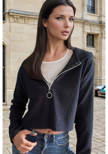 Lacivert Yarım Fermuarlı, Kapüşonlu, Casual Bluz Lacivert