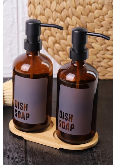 2'li Amber Cam Sıvı Sabunluk Seti Standlı Gri Etiketli
