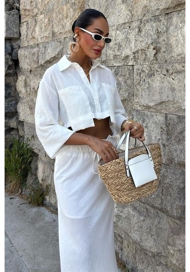 Crop Gömlekli Ve Eteği Büzgülü Tasarım Takım 10201 Beyaz