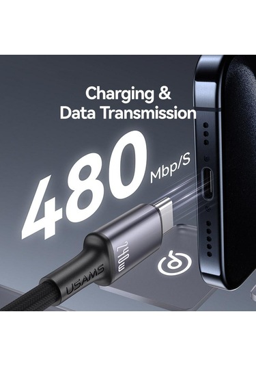 Usams Sj751 240w Tip-c'den Tip-c'ye Renkli Işıklı Alüminyum Alaşımlı Veri Kablosu, Uzunluk: 1,2m