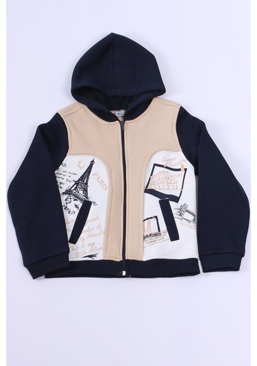 Erkek Çocuk 3 İplik Kolej Ceket Fermuarlı Cepli Desenli E6 Krem