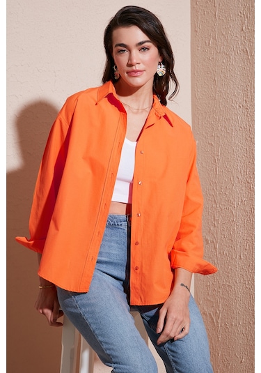 Lela Pamuklu Regular Fit Önü Kısa Arkası Uzun Oval Kesim Bayan Gömlek Cf25S163867 Orange