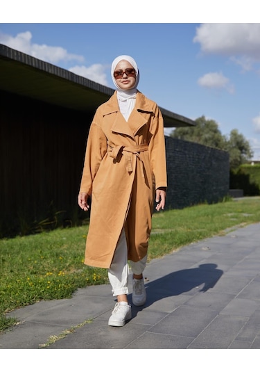 Vioshine Kadın Kruveza Yaka Kuşaklı Kot Trençkot-camel Camel