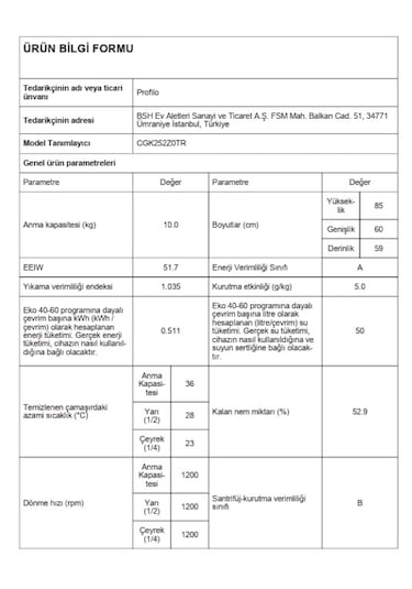 Profılo CGK252Z0TR 1200 Devir 10 KG Çamaşır Makinesi