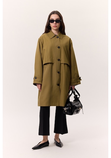 Bel Ayarlamalı Hafif Trençkot Zeytin Yeşili Zeytin Yeşili