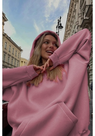 Madmext Pembe Kapüşonlu Şardonlu Oversize Sweatshirt Mg1566 Pembe