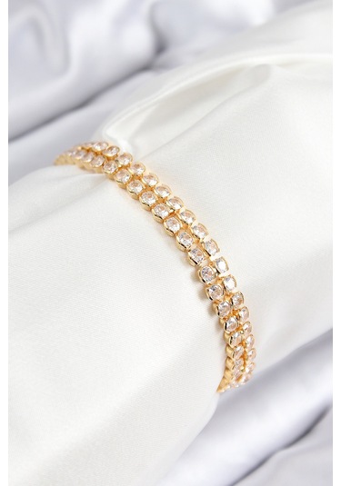 Pirinç Zirkon Taşlı Çift Sıra Model Gold Renk Asansörlü Kadın Bileklik - Tj-bb7739 Diğer