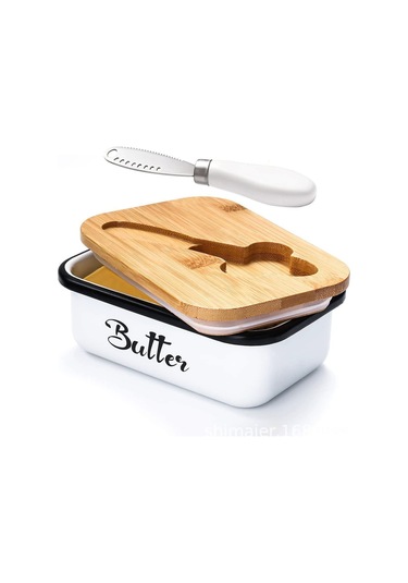 Aubyhe Güneşlenmiş Demir Ve Bambü Kapaklı Tereyağı Kutusu, Tereyağı Saklama, Taze Tutma, Kolay Yayılabilir, İki Stil Tereyağı Bıçağı İçeren Set Beyaz