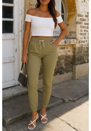 Modasize Kadın Kısa Kollu Madonna Yaka Viskon Crop Bluz Cepli Iki Iplik Eşofman Takım Bej