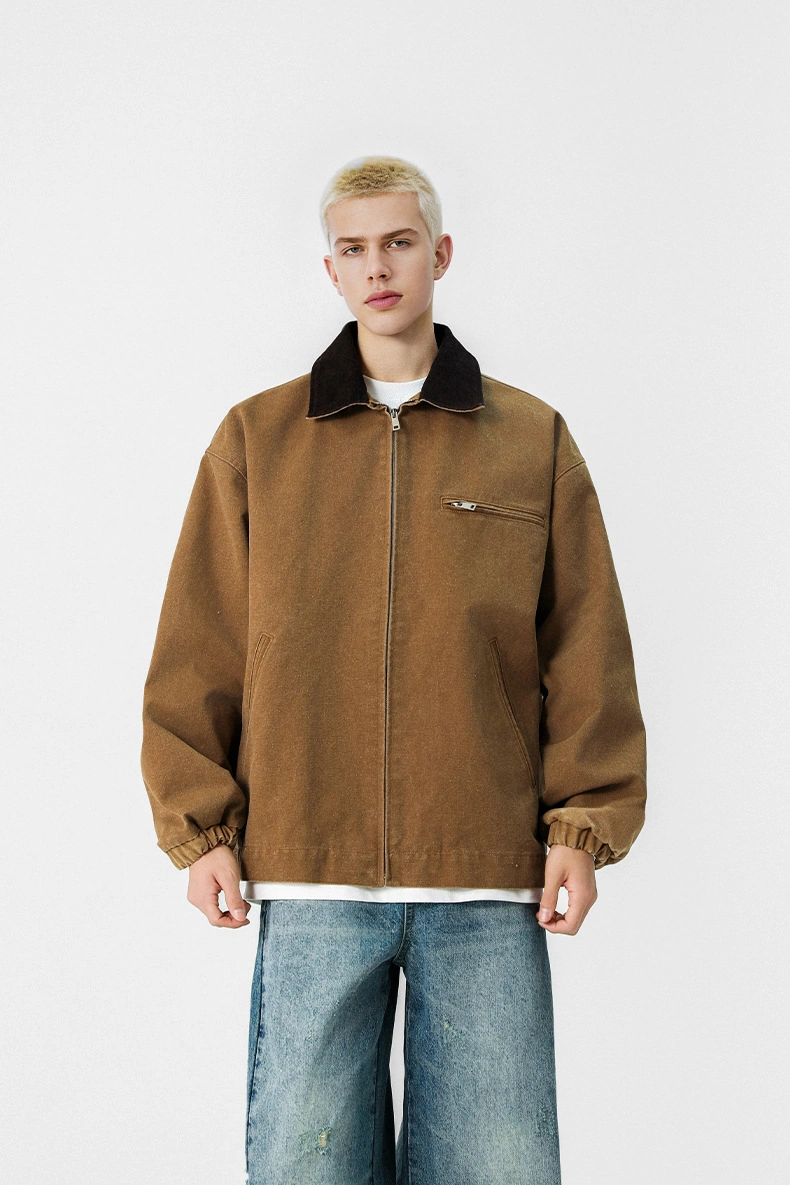 Snapbuy Yıkanmış Denim Ceket, Amerikan Retro Stili, Kontrast Yakalı, Bol Kesim Bej - Kahverengi