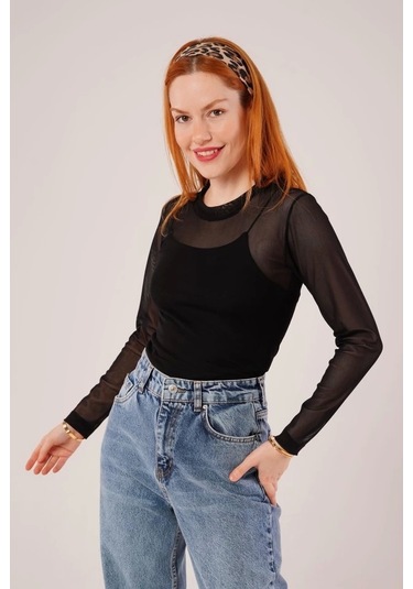 Transparan Siyah Tül Basic Bluz Siyah