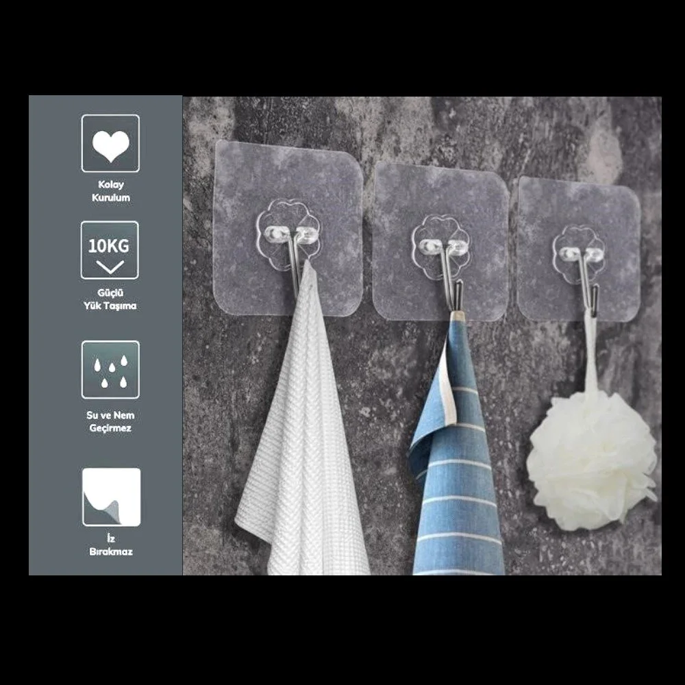 5 Adet Şeffaf Güçlü Duvar Askısı Yapışkan Askılık Vantuz Kanca Mutfak Banyo Düzenleyici