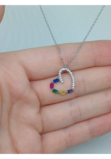 Renkli Baget Taşlı Kalp Figürlü 925 Ayar Gümüş Kolye Modern Tasarım Gümüş