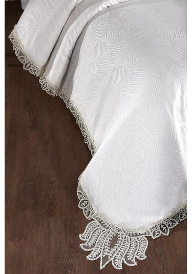 Çeyiz Diyarı Fransız Dantelli Velmora Çift Kişilik Yatak Örtüsü 230x250 Cm Krem