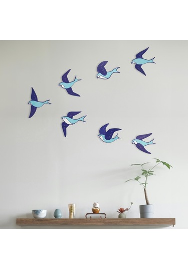 Cajuart Dekoratif 7 Parça Turkuaz Mavi Uçan Kuşlar Ahşap Duvar Tablo Duvar Dekoru