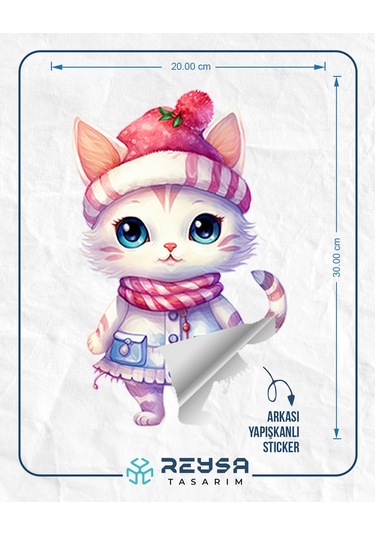 Pofuduk Şapkalı Kış Kedisi Duvar Stickerı Renkli