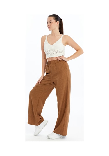 Genius Store Kadın Pantolon Keten Karışımlı Beli Lastikli Kırışmaz Kumaş Pantolon Keten-pantolon Kahverengi
